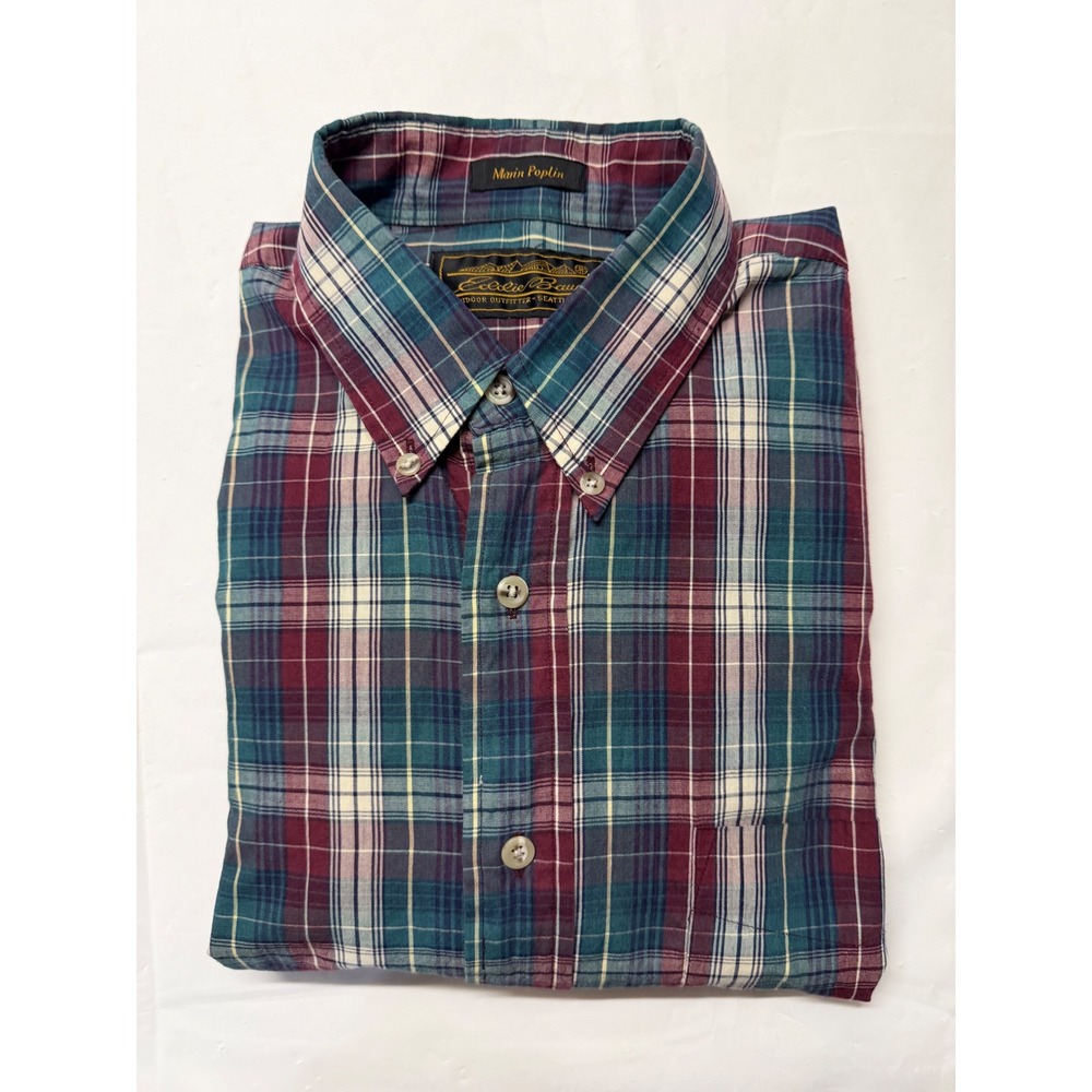 Eddie Bauer Mens LT Large Tall Plaid Button Down Shirt Burgundy Teal Poplin